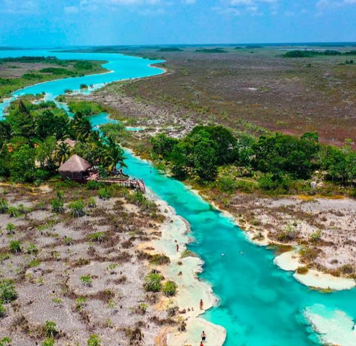 Aerial Shot of Los Rapidos Leading Into the Bacalar Lagoon